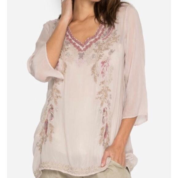 Johnny Was Embroidered Ollie Blouse Sheer Top Tunic Sz XS Whimsy Feminine Pink - Picture 1 of 15